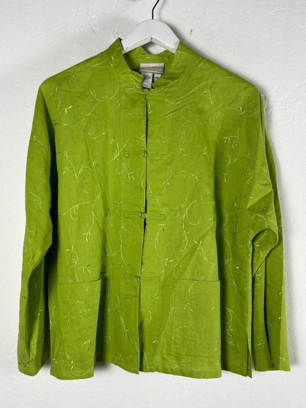 Coldwater Creek Green Linen Blend Embroidered Mandarin Collar Jacket Medium